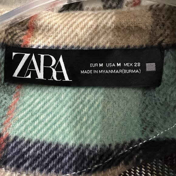 Zara Plaid Shacket Sz Med Green &Tan Front Button Jacket Cozy Pockets - Picture 2 of 6